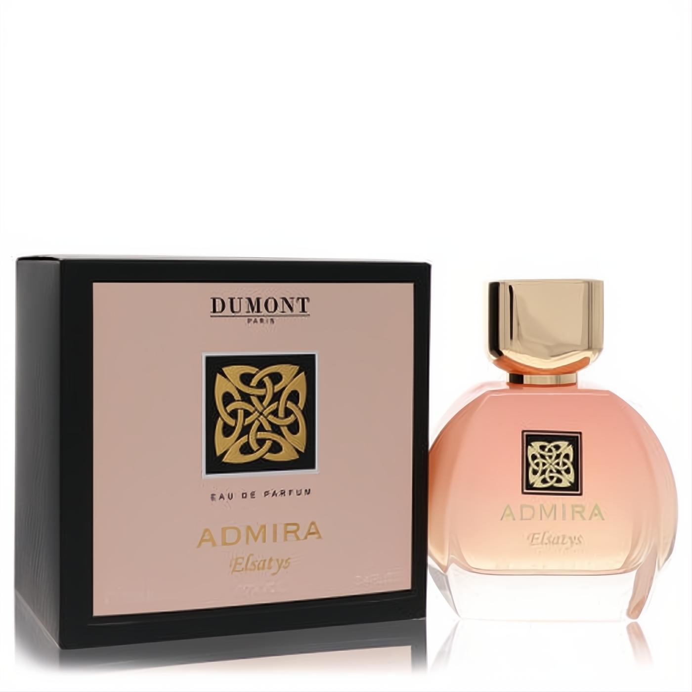 Dumont Admira Elsatys 3.4 oz EDP. Elegant peach gradient bottle, sleek gold cap, and intricate gold emblem. With its chic black box.