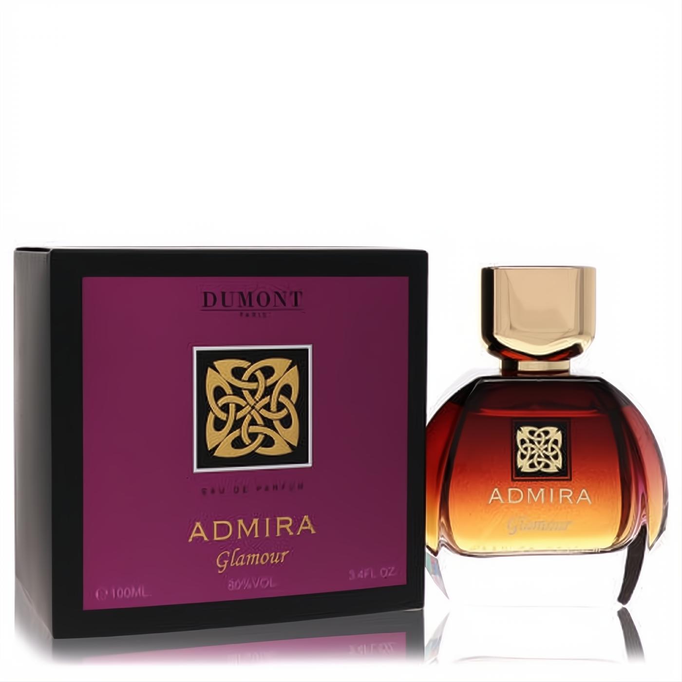Dumont Admira Glamour 3.4 oz women's perfume. Amber bottle, gold cap, intricate design, and elegant burgundy box.