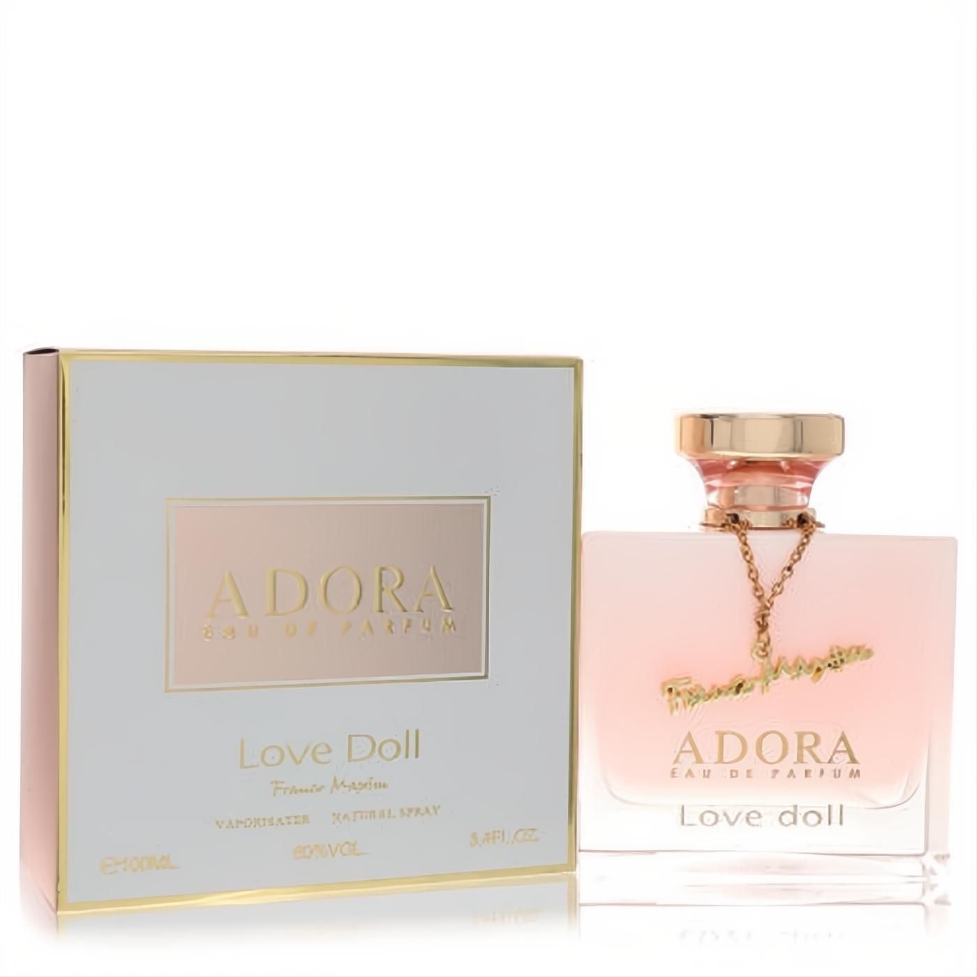 Dumont Adora Love Doll 3.4 oz Eau De Parfum. Elegant pink bottle with gold cap and signature charm, in a luxurious white and gold box.