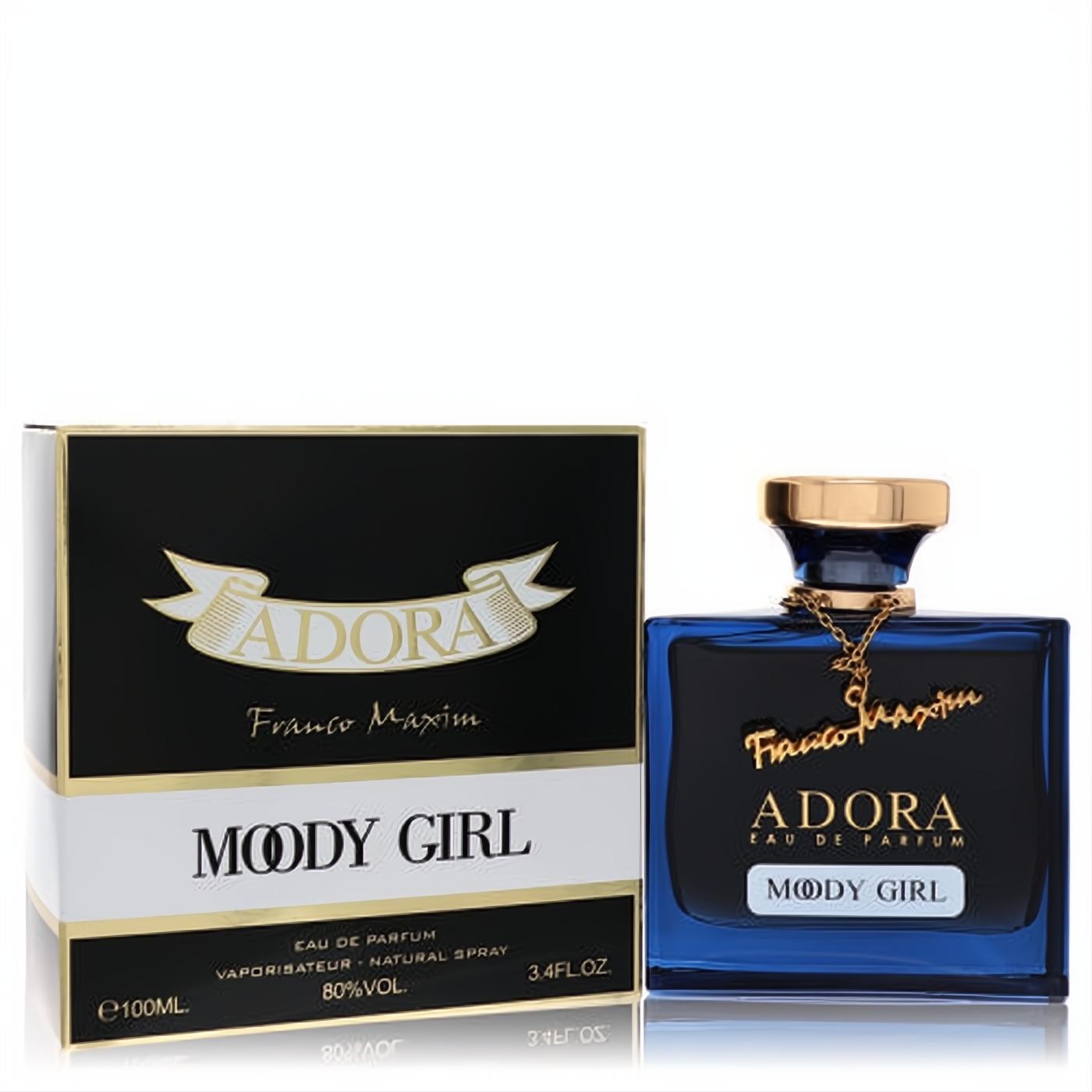 Luxurious Dumont Adora Moody Girl 3.4 oz EDP. Elegant deep blue bottle with gold cap and chain, next to its black and gold box.