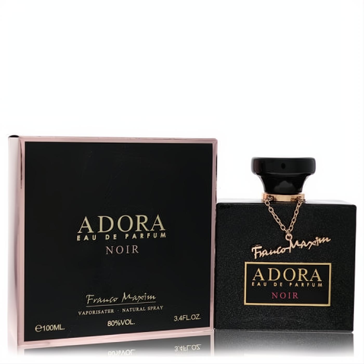 Luxurious Franco Maxim Adora Noir 3.4 oz perfume. Sleek matte black bottle with gold chain, elegant black & rose gold box.