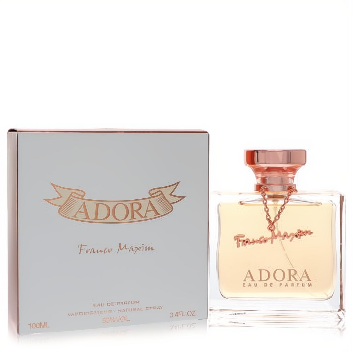 Captivating Franco Maxim Adora EDP spray, 3.4 oz. Clear bottle with rose gold cap, chain, and amber liquid, next to its elegant white box.
