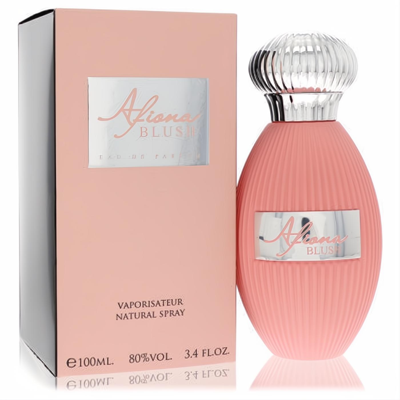 Dumont Afiona Blush 3.4 oz EDP. Elegant ribbed blush pink bottle with a silver cap and matching box.