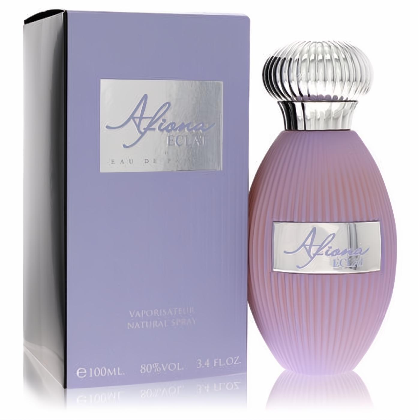 Elegant Dumont Afiona Eclat 3.4 oz Eau De Parfum. Lilac ribbed bottle, shimmering silver cap, and matching box.
