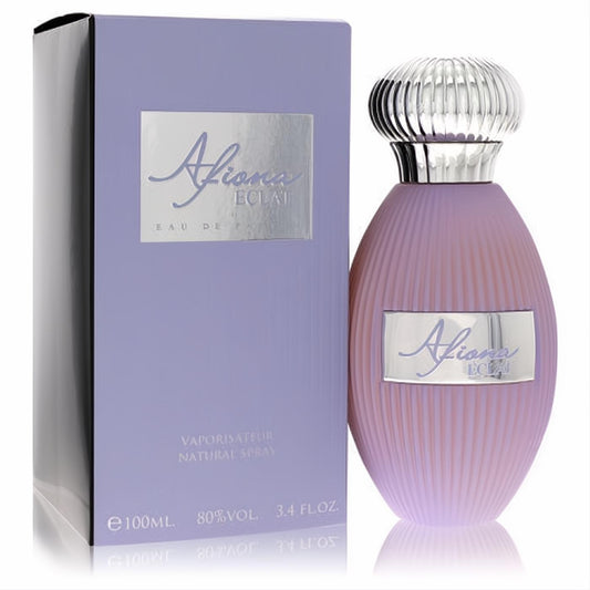 Elegant Dumont Afiona Eclat 3.4 oz Eau De Parfum. Lilac ribbed bottle, shimmering silver cap, and matching box.