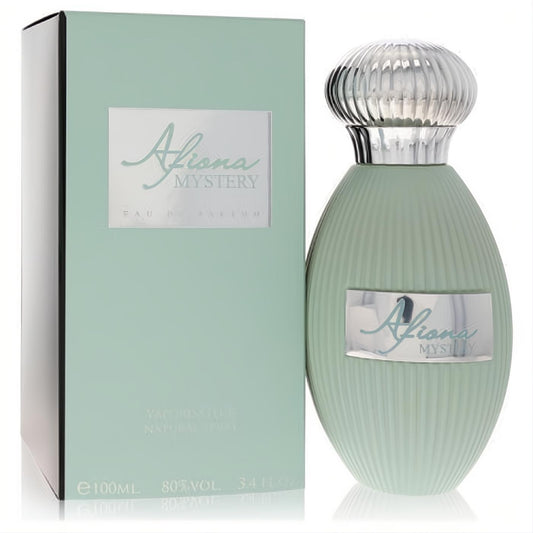 Dumont Afiona Mystery 3.4 oz Eau De Parfum. Elegant ribbed mint green bottle with a silver cap and matching box.
