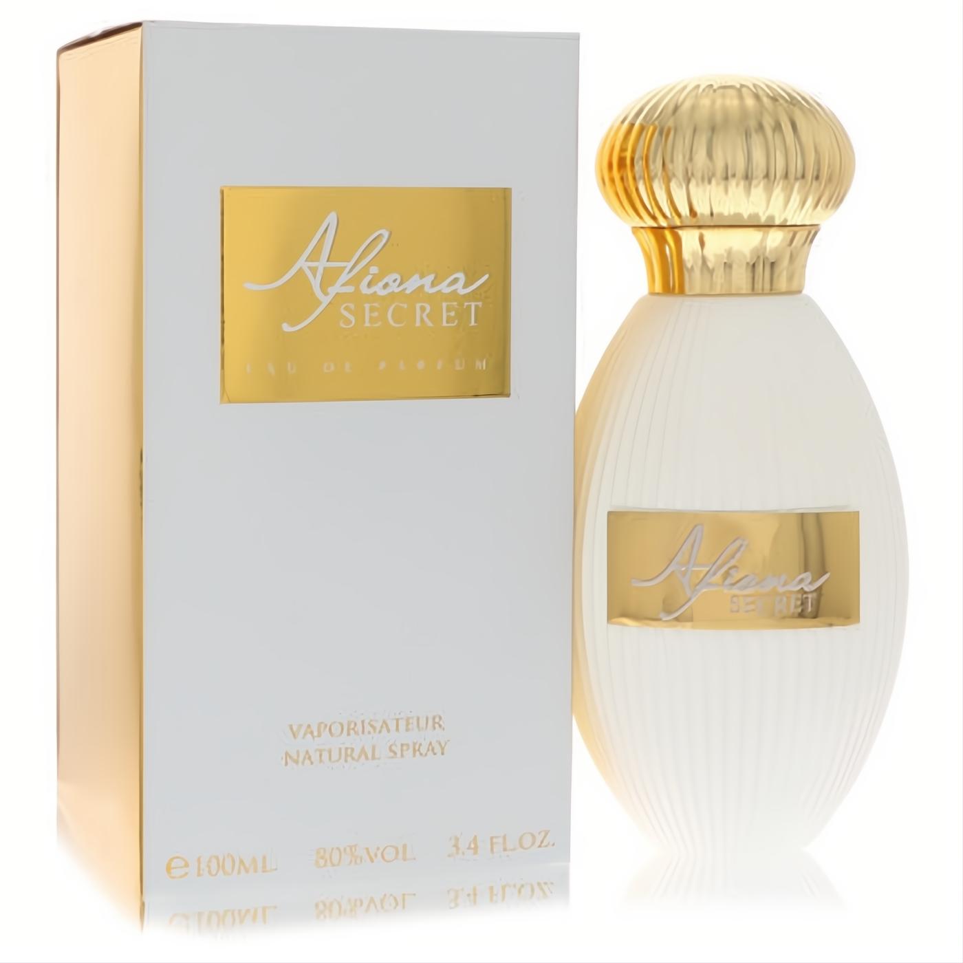 Dumont Afiona Secret Eau De Parfum: Elegant 3.4 oz white ribbed bottle with a luxurious gold cap and matching white & gold box.
