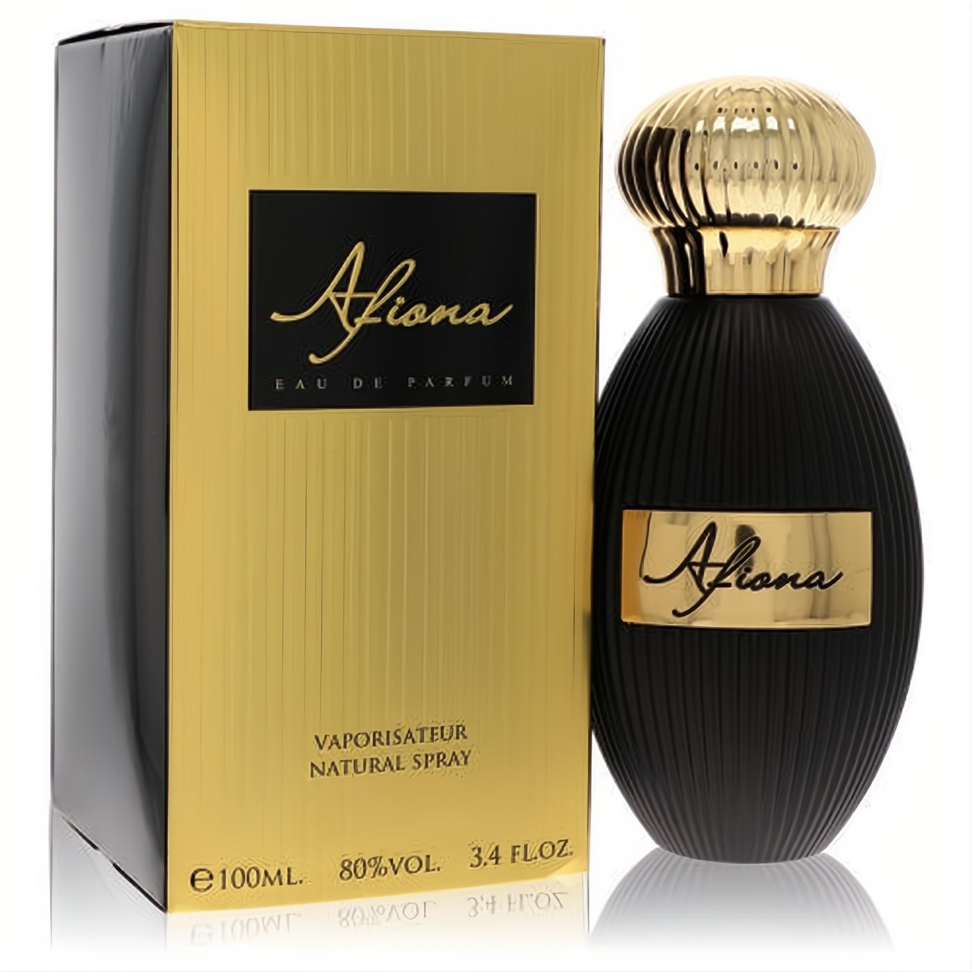 Chic Dumont Afiona 3.4 oz Eau De Parfum. Black ribbed bottle, elegant gold fluted cap, and luxurious gold box.