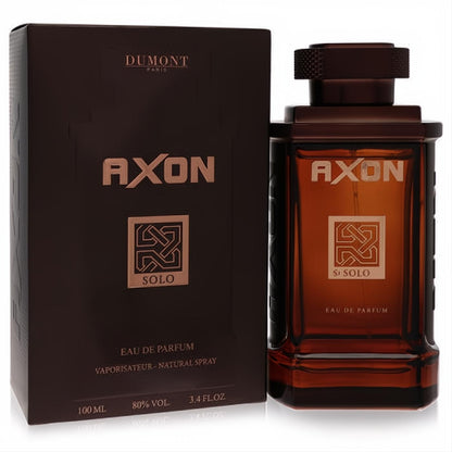 Dumont Axon Solo men's 3.4 oz Eau De Parfum. Rich dark brown bottle with metallic gold branding, paired with its elegant matching box.
