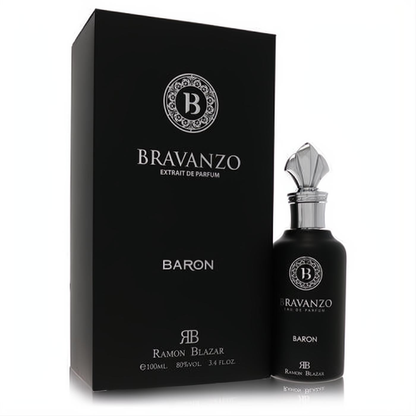 Luxurious Dumont Bravanzo Baron 3.4 oz black extrait de parfum bottle with ornate silver cap and elegant black box.