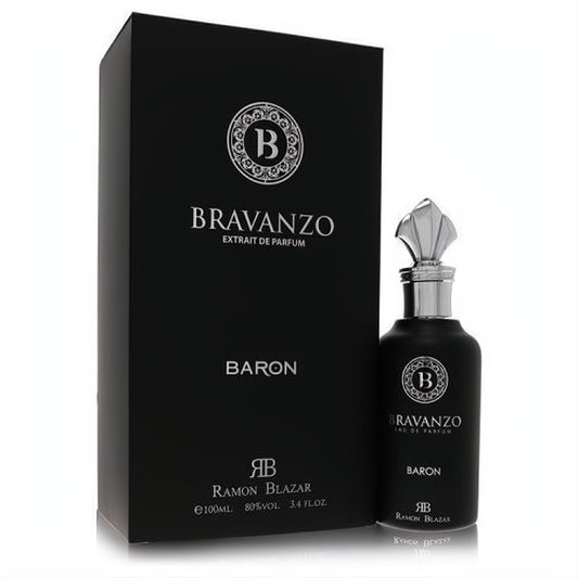 Luxurious Dumont Bravanzo Baron 3.4 oz black extrait de parfum bottle with ornate silver cap and elegant black box.