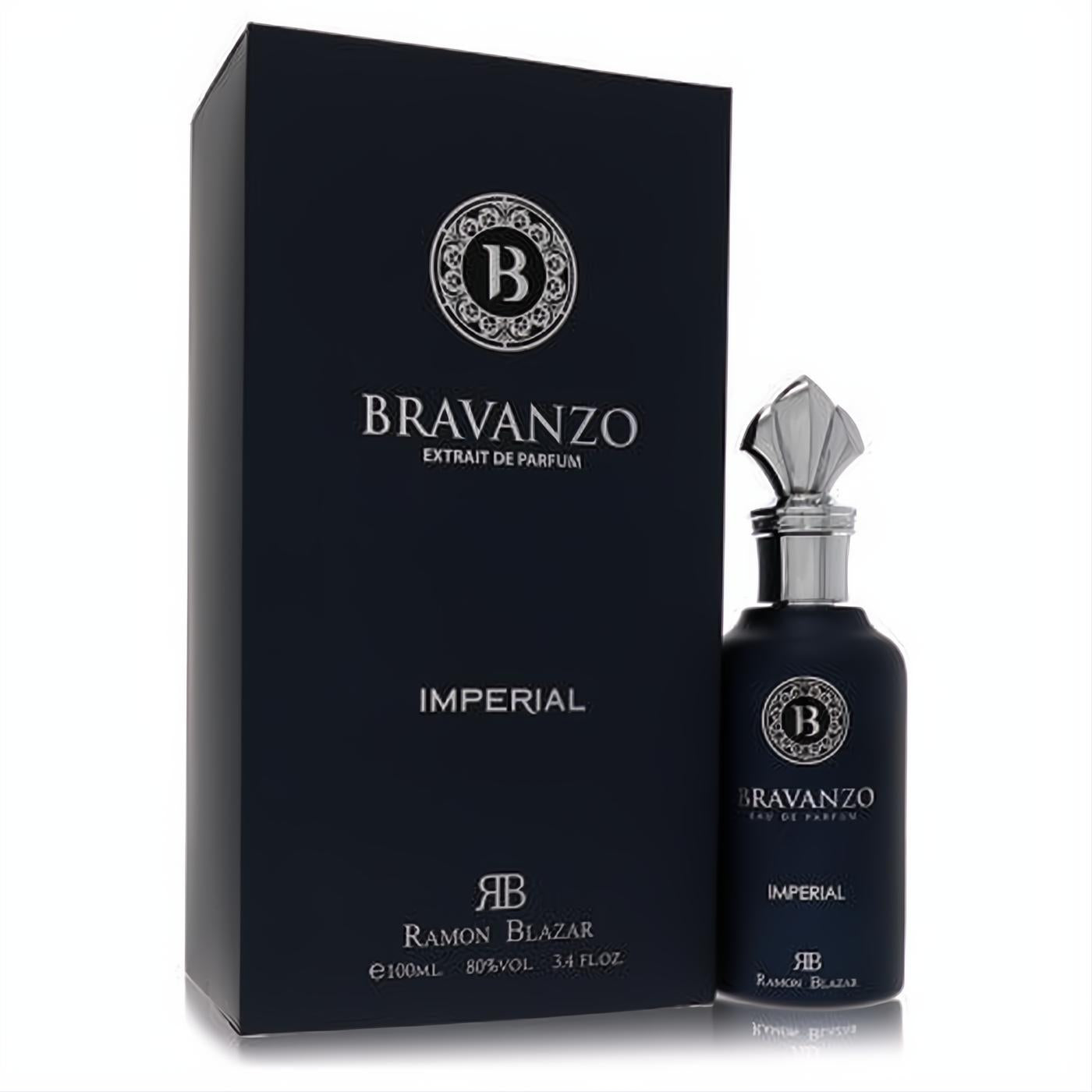 Luxurious Dumont Bravanzo Imperial unisex Extrait De Parfum 3.4 oz. Sleek dark blue bottle, ornate silver cap, and elegant matching box.