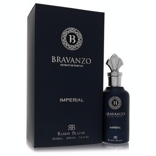 Luxurious Dumont Bravanzo Imperial unisex Extrait De Parfum 3.4 oz. Sleek dark blue bottle, ornate silver cap, and elegant matching box.
