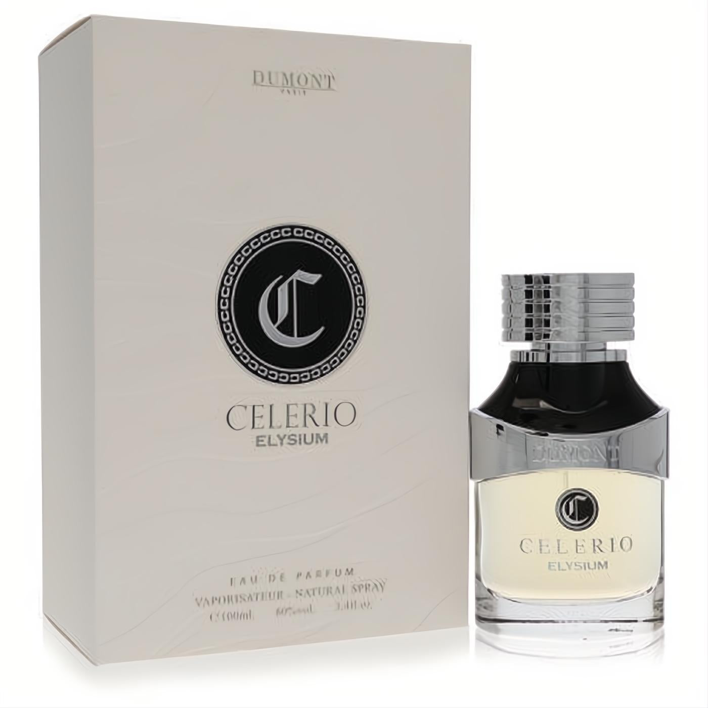 Elegant Dumont Celerio Elysium 3.4 oz unisex EDP. Features a sleek cream box and a clear glass bottle with a silver cap and bold black accents.