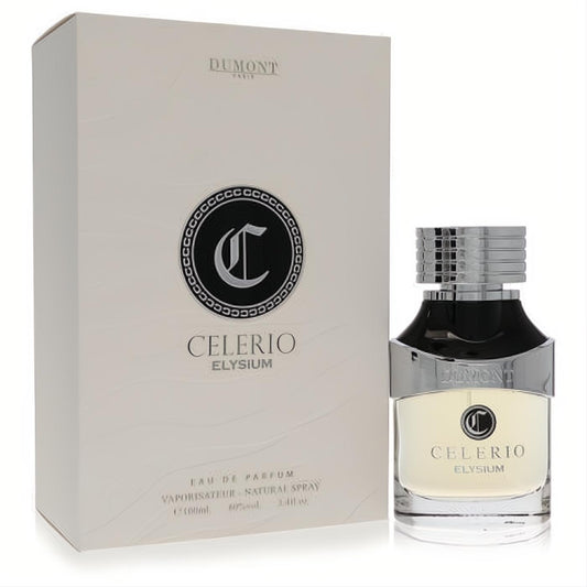 Elegant Dumont Celerio Elysium 3.4 oz unisex EDP. Features a sleek cream box and a clear glass bottle with a silver cap and bold black accents.