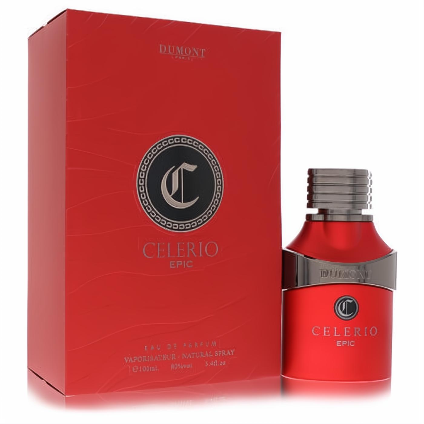 Vibrant red Dumont Celerio Epic 3.4 oz unisex Eau de Parfum bottle with sleek silver cap and matching box featuring the iconic 'C' logo.