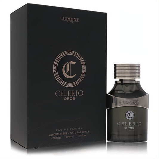 Dumont Celerio Oros unisex Eau De Parfum, 3.4 oz. Distinctive dark glass bottle with a silver cap and elegant matte black box.