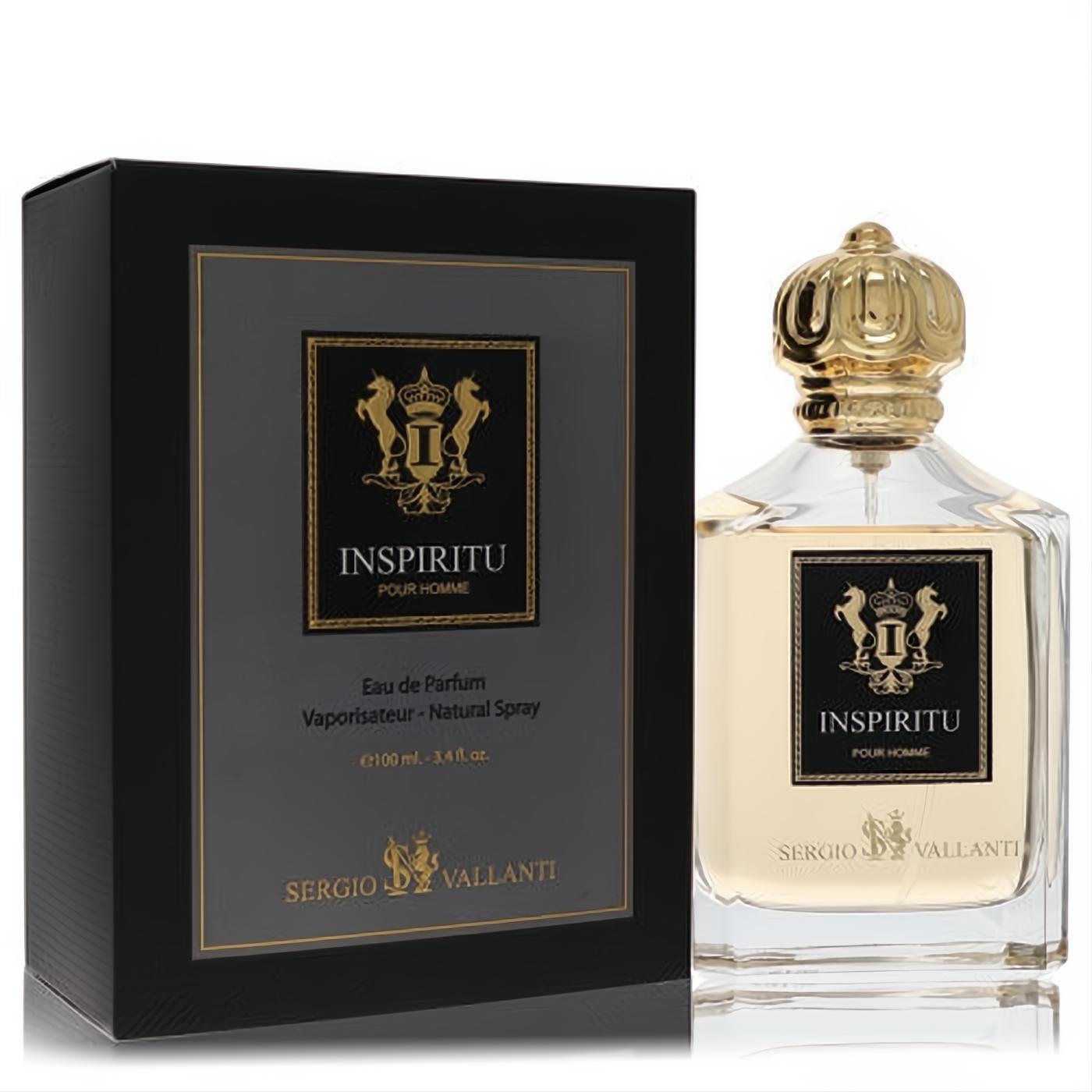Elegant Inspiritu Eau De Parfum 3.4 oz spray. Clear bottle, ornate gold cap, and bold black box with gold crest.