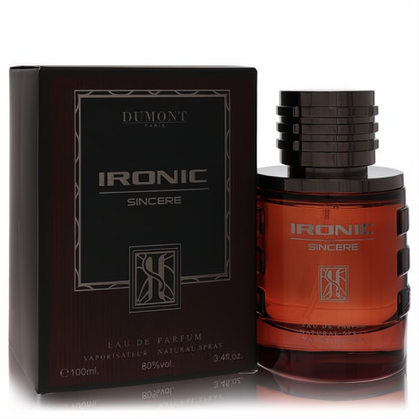 Sophisticated Dumont Ironic Sincere 3.4 oz men's Eau de Parfum. Features a sleek amber glass bottle with a dark ribbed cap and elegant dark brown packaging.