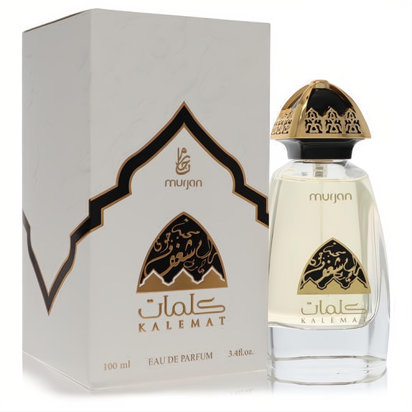 Dumont Murjan Kalemat unisex Eau De Parfum, 3.4 oz. Elegant clear bottle with ornate gold and black cap, beside its white and gold box.