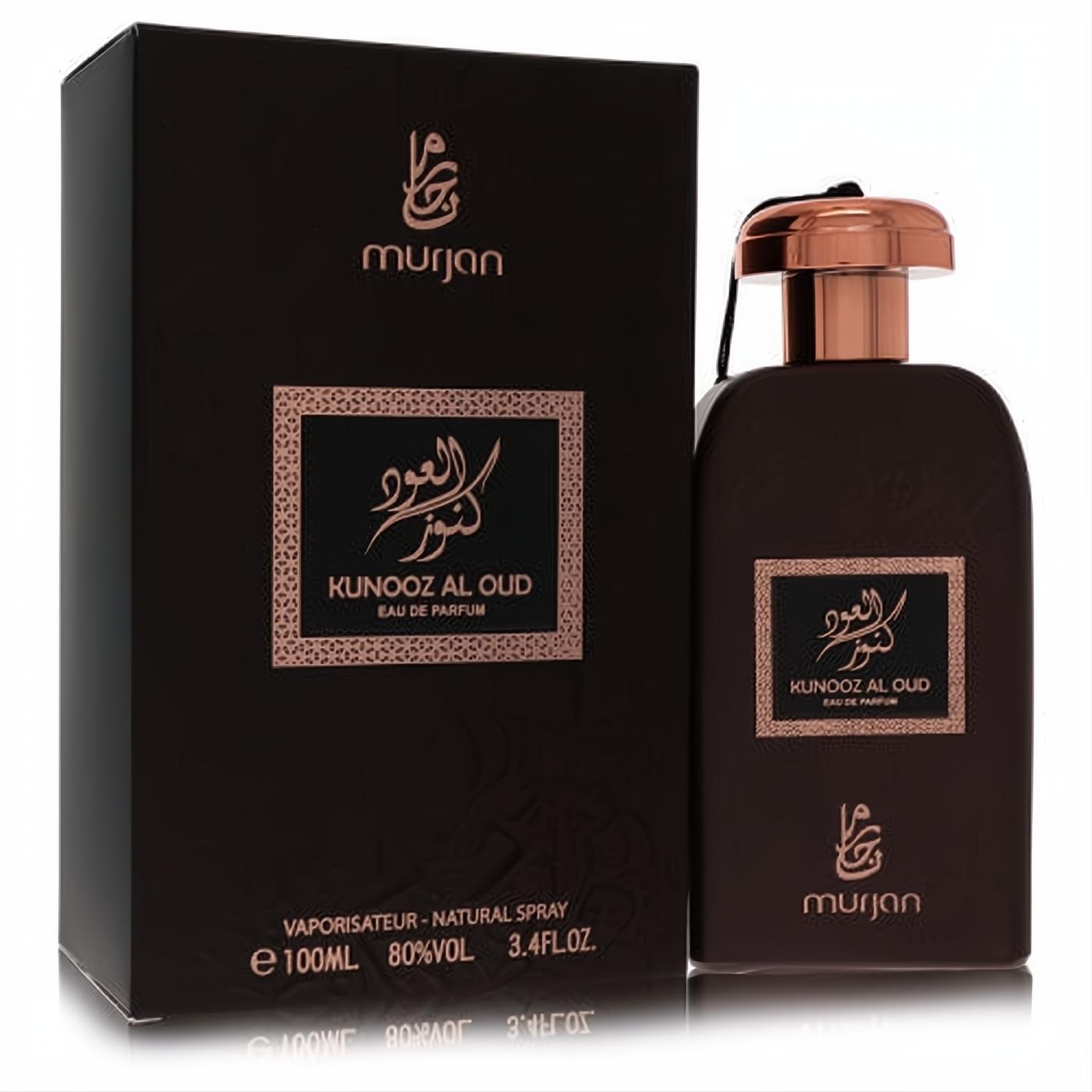 Dumont Murjan Kunooz Al Oud 3.4 oz unisex Eau De Parfum. Dark bottle, elegant copper cap, gold Arabic script.