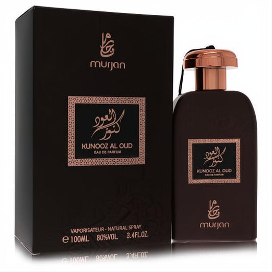Dumont Murjan Kunooz Al Oud 3.4 oz unisex Eau De Parfum. Dark bottle, elegant copper cap, gold Arabic script.