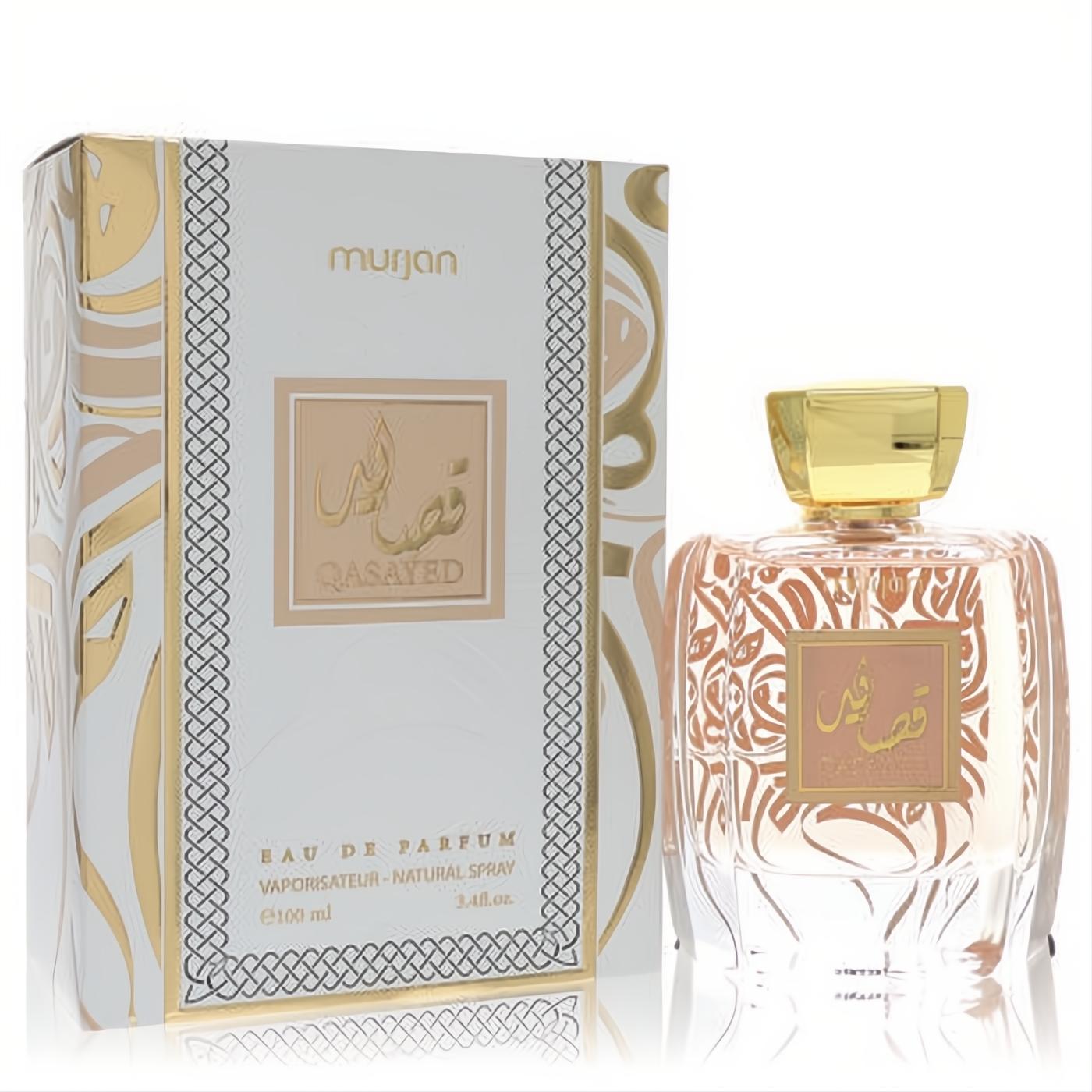 Dumont Murjan Qasayed 3.4 oz unisex Eau De Parfum. Elegant clear bottle with gold cap & intricate gold-patterned white box.