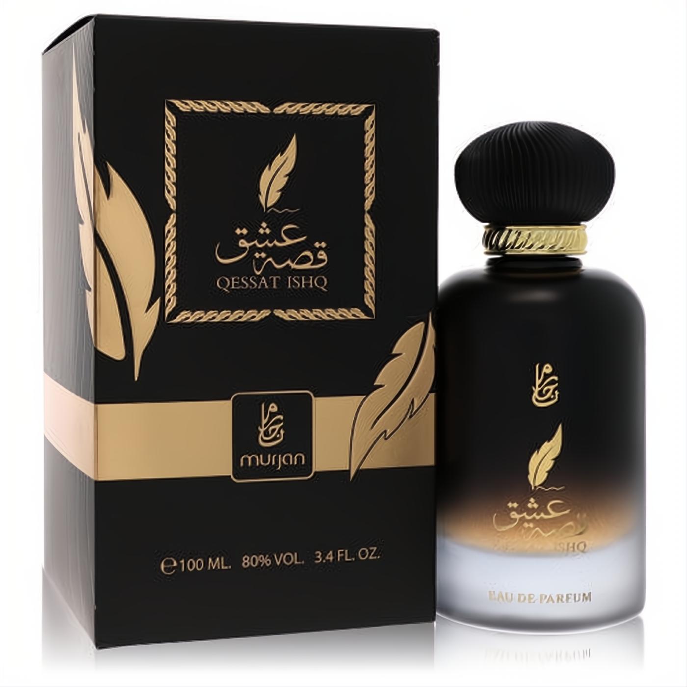 Discover Dumont Murjan Qessat Ishq 3.4 oz unisex EDP. Luxurious black and gold bottle with frosted base and ribbed cap, next to its elegant packaging.