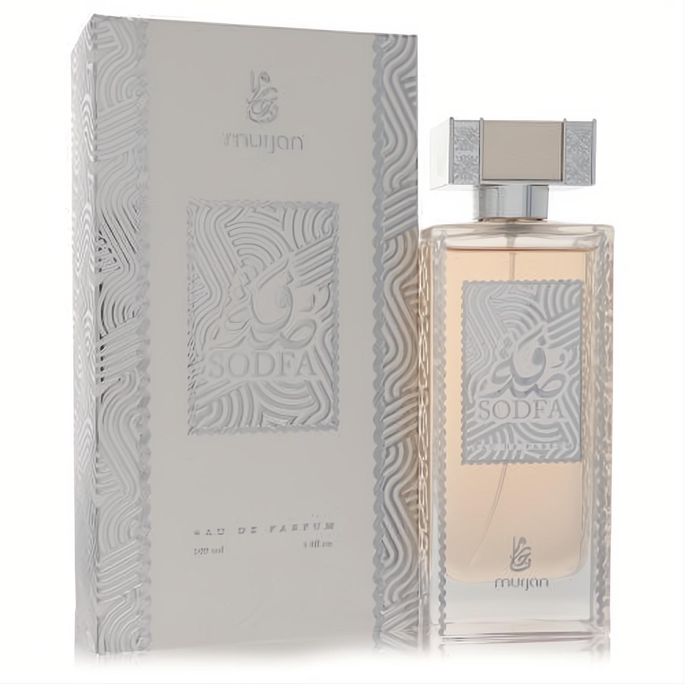 Exquisite Dumont Murjan Sodfa 3.4 oz Eau de Parfum. Clear bottle, peach liquid, silver cap, and ornate Arabic design on bottle and matching box.