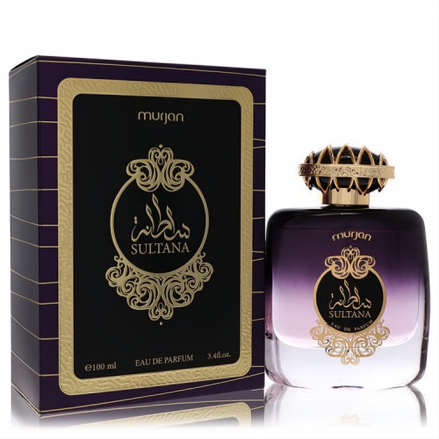 Dumont Murjan Sultana unisex Eau De Parfum, 3.4 oz. Elegant purple gradient bottle with gold ornate label & crown cap, beside its luxury box.