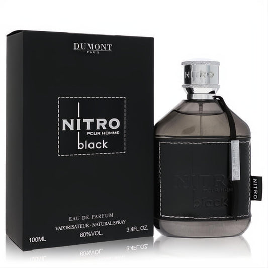 Sophisticated Dumont Nitro Black 3.4 oz men's Eau De Parfum. Dark bottle with textured black label, silver cap, and sleek matte box.