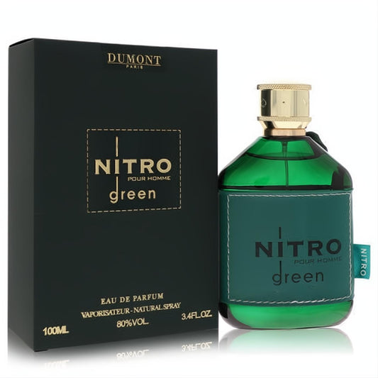Sophisticated Dumont Nitro Green 3.4 oz men's EDP. Features a vibrant green bottle, gold cap, and elegant dark green box.
