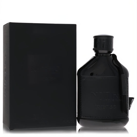 Bold black Dumont Nitro Intense 3.4 oz EDP spray bottle with embossed logo and sleek matching box for men.