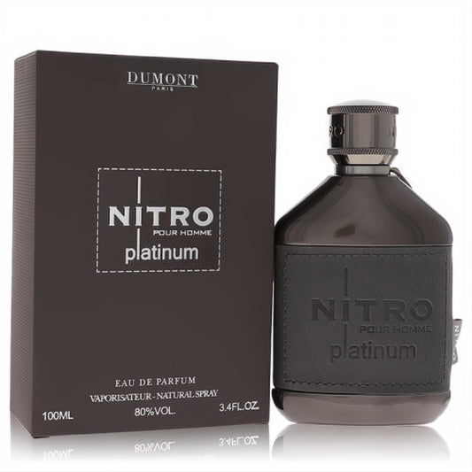 Dumont Nitro Platinum 3.4 oz men's Eau De Parfum. Bold dark gray bottle with textured 'NITRO platinum' design and matching box.