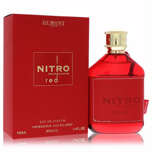 Dumont Nitro Red Pour Homme 3.4 oz EDP. Bold red bottle with gold cap and matching luxury box.