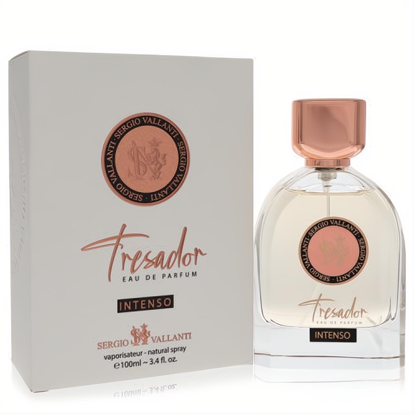 Discover Dumont Tresador Intenso 3.4 oz unisex Eau De Parfum. Elegant clear glass bottle, chic rose gold cap, and matching white Sergio Vallanti box.