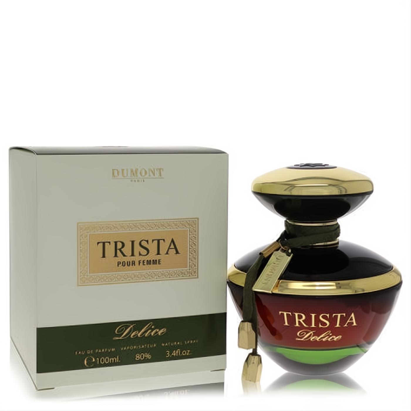 Exquisite Dumont Trista Delice 3.4 oz women's Eau De Parfum. Gold-capped bottle, vibrant green-red gradient, elegant cream box.