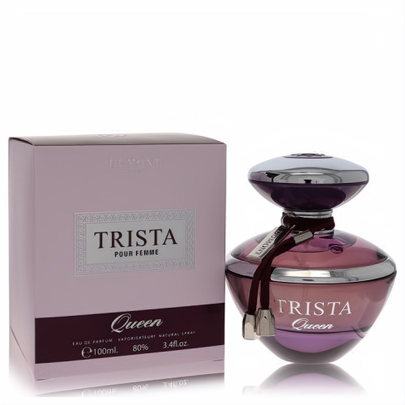 Dumont Trista Queen 3.4 oz EDP. Exquisite purple-pink gradient bottle with a sleek silver cap and decorative cord, alongside its elegant box.
