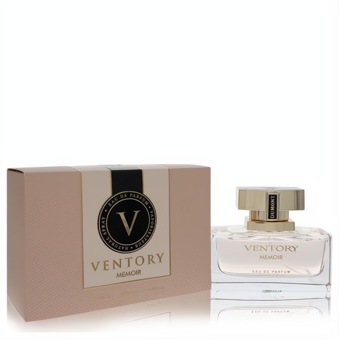Elegant Dumont Ventory Memoir 3.4 oz Eau De Parfum spray. Clear glass bottle with soft pink fragrance, gold cap, and matching box.