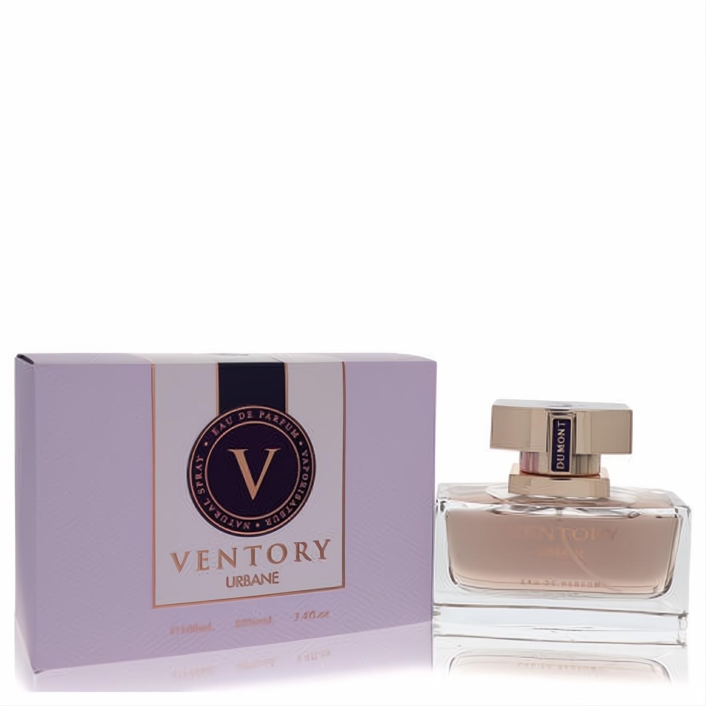 Experience Dumont Ventory Urbane 3.4 oz women's Eau De Parfum. Clear glass bottle, rose gold cap, chic lavender box.