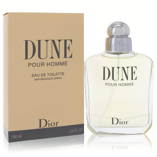 Dior Dune Pour Homme 3.4 oz EDT spray. Sophisticated clear glass bottle with silver cap and luxurious beige box.