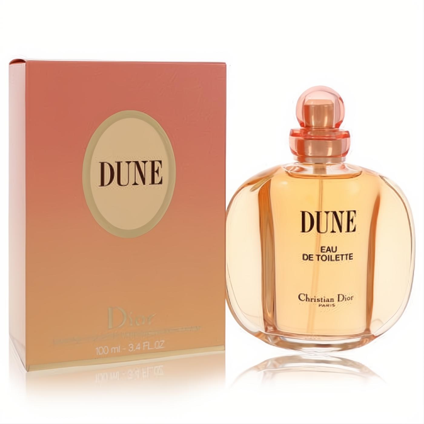 Experience Dune by Christian Dior 3.4 oz EDT. Golden fragrance in an elegant clear bottle, paired with a warm peach gradient box.