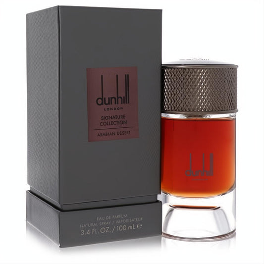 Dunhill Arabian Desert 3.4 oz men's EDP. Rich amber liquid, textured bronze cap, and elegant dark grey box.