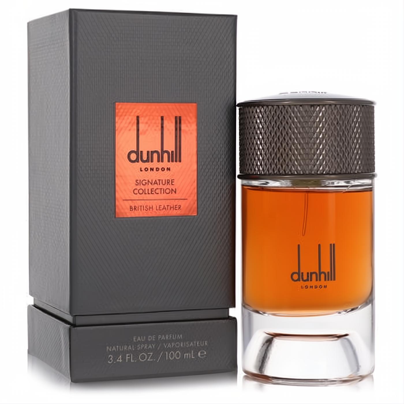 Dunhill British Leather 3.4 oz EDP. Amber fragrance in a modern bottle with a textured gunmetal cap, next to its elegant charcoal box.