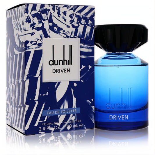 Dunhill Driven Blue 3.4 oz EDT for men. Sleek blue glass bottle with a bold black faceted cap, next to its dynamic abstract art box.