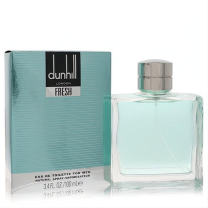 Dunhill Fresh 3.4 oz EDT for men: clear rectangular bottle with refreshing aqua liquid, beside its elegant striped blue box.