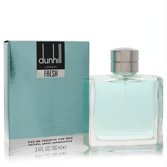 Dunhill Fresh 3.4 oz EDT for men: clear rectangular bottle with refreshing aqua liquid, beside its elegant striped blue box.