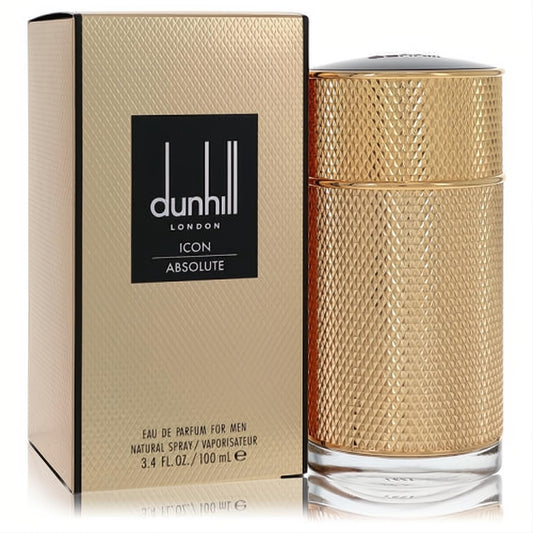 Experience Dunhill Icon Absolute men's 3.4 oz EDP. Features a luxurious gold textured bottle and elegant matching box.
