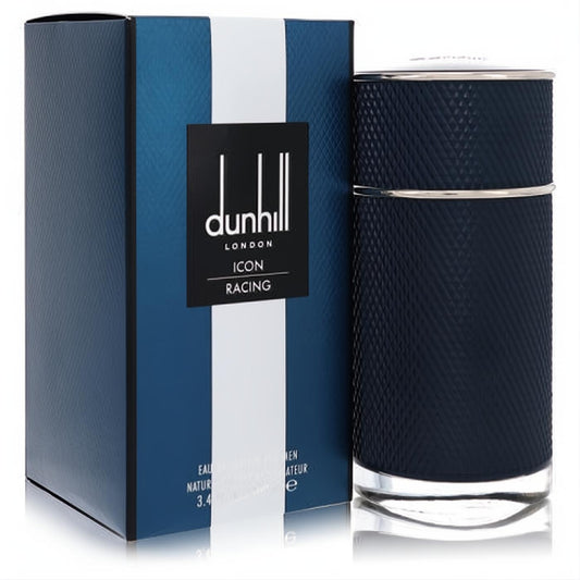 Dunhill Icon Racing Blue 3.4 oz men's EDP. Sleek navy diamond-textured bottle with silver accents and matching elegant box.