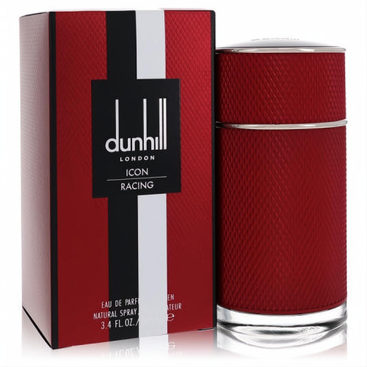 Dunhill Icon Racing Red 3.4 oz men's EDP. Features a striking textured red bottle and elegant box with iconic racing stripes.